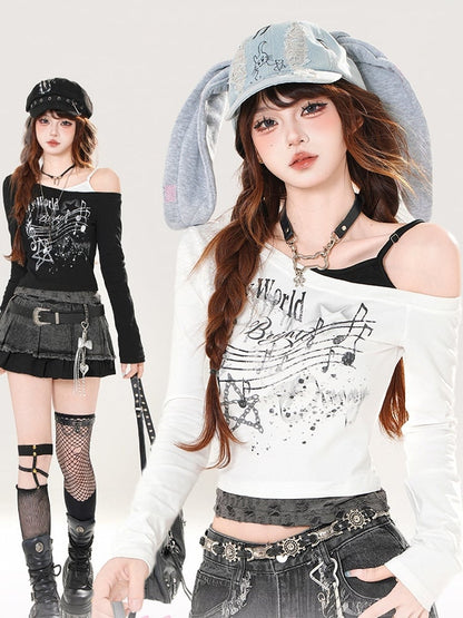 ブラック/ホワイトのアシンメトリーネックラインの音符プリント、ダメージ加工