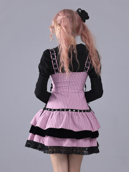 Pink Stripes & Black Hime Gyaru Tiered Dress with Lace-Up Sides