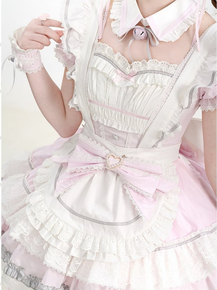 Maid Lolita Dress in Sweet Pink & White, Puff Sleeves, Flounced Skirt & Lace - Mewroco