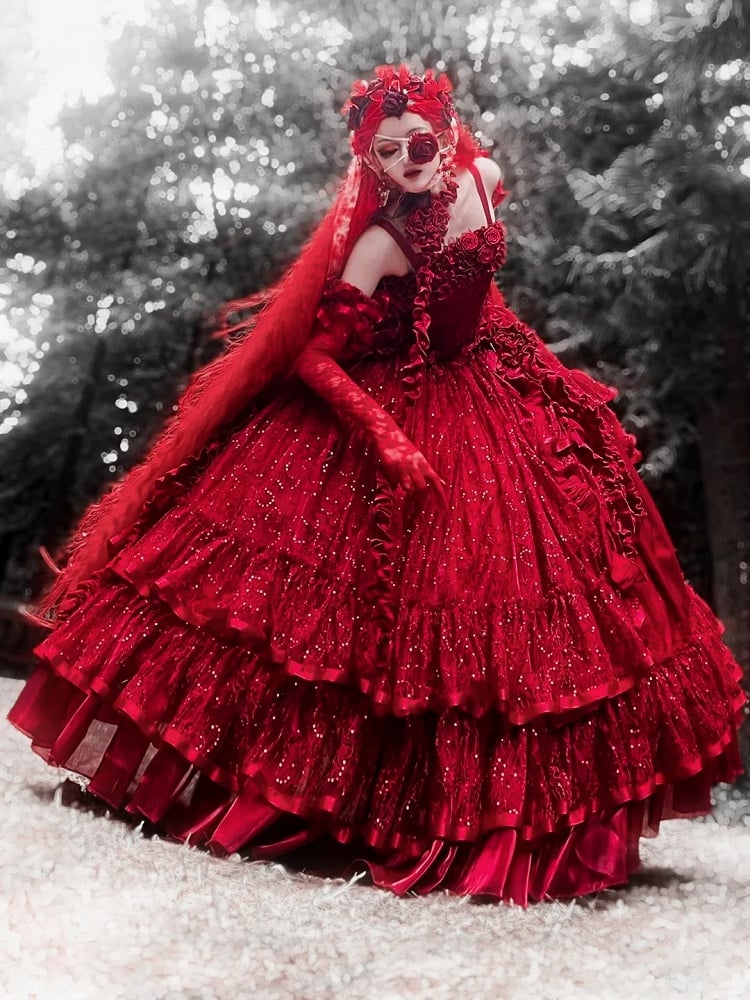 Hanayome Taillenstäbchen Bodenkorsett Länge Kleid Hime Kleid Rot Ball Lolita