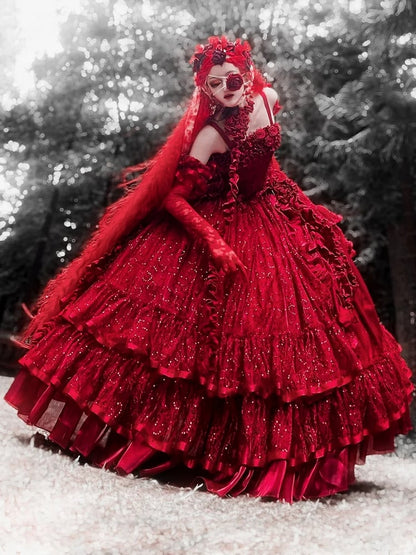 Hanayome Taillenstäbchen Bodenkorsett Länge Kleid Hime Kleid Rot Ball Lolita