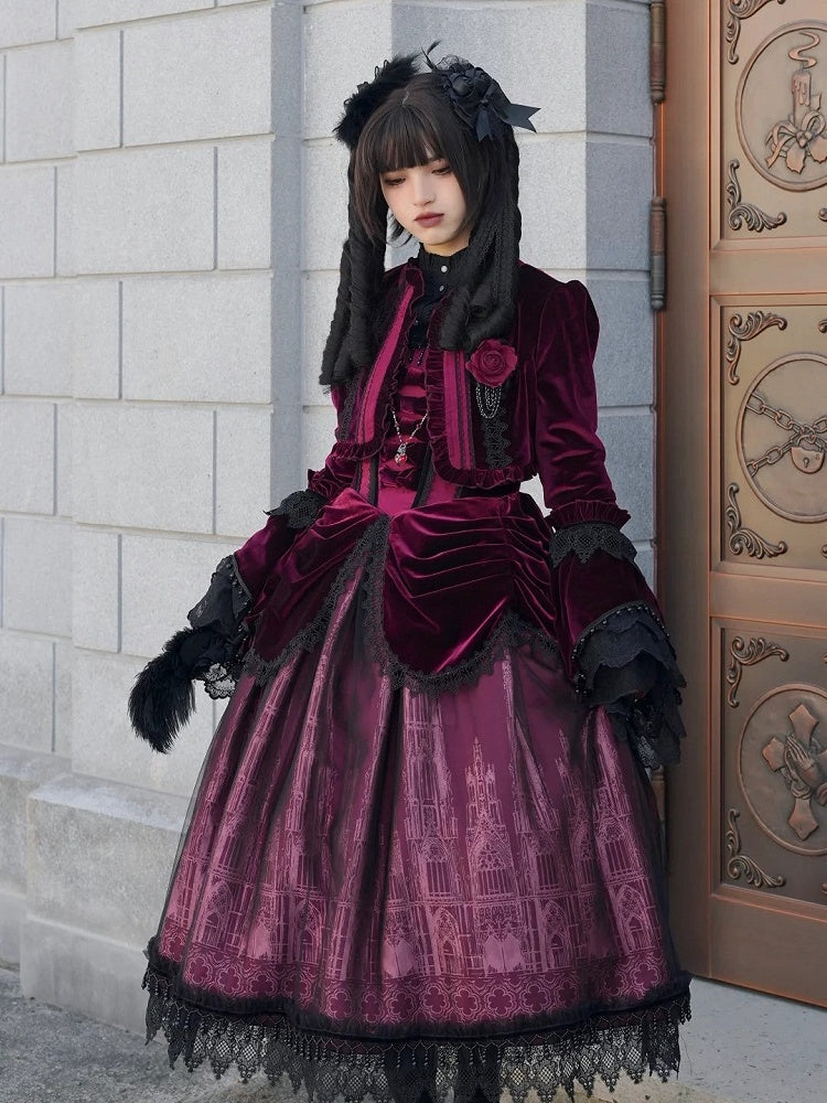 Burgundy Placket Top Velvet Gothic Lolita Cropped Ouji Ruffled