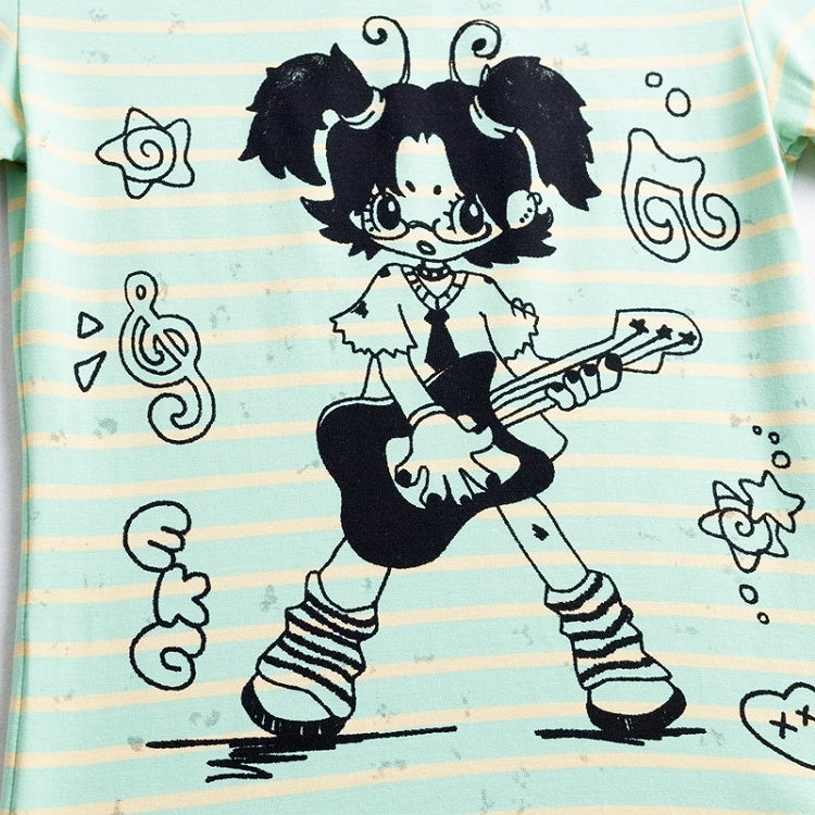 Rockin' Cartoon Girl Striped Slim-Fit Green T-shirt - Perfect for Summer Vibes
