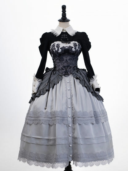 Print Top Gothic Reaper Lolita Grau Entbeint Schuppen Dunkel Grim Korsett und