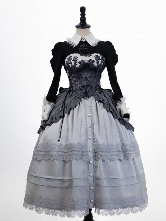 コルセットロリータベルト付きグレーウエストハイ取り外し可能なオーバーレイゴシックスカートボーン入り