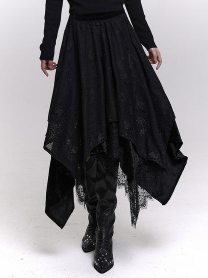 Black/White Butterfly Appliques Tiered Skirt with Handkerchief Hem & Lace Trim