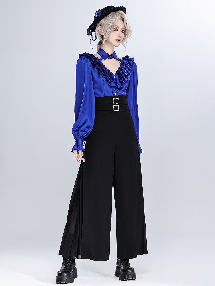 Deep Sea Blue Layered Ruffles V-neck Long Sleeves Shirt with Detachable Bead Chain Cutout Back - DevilInspired Exclusive Collection