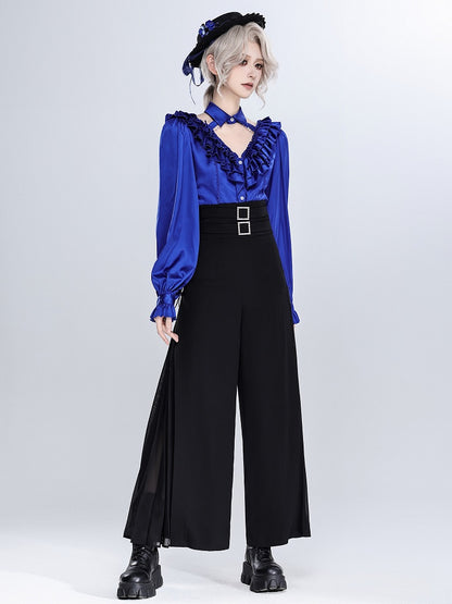 Deep Sea Blue Layered Ruffles V-neck Long Sleeves Shirt with Detachable Bead Chain Cutout Back - DevilInspired Exclusive Collection