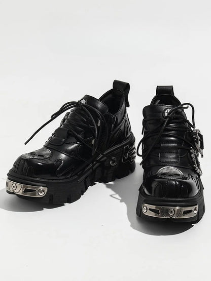 Flame with Shoes Lace-Up Detail And Closure Black Platform Punk - Buckles Skeleton Detailing