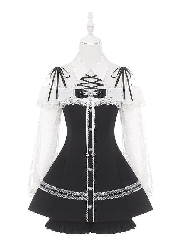 Monochrome Jirai-Kei Two-Piece Ensemble - Off-Shoulder Lace Long Sleeve Gown + Coordinating Shorts - Puppet Bombs