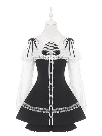 Monochrome Jirai-Kei Two-Piece Ensemble - Off-Shoulder Lace Long Sleeve Gown + Coordinating Shorts - Puppet Bombs