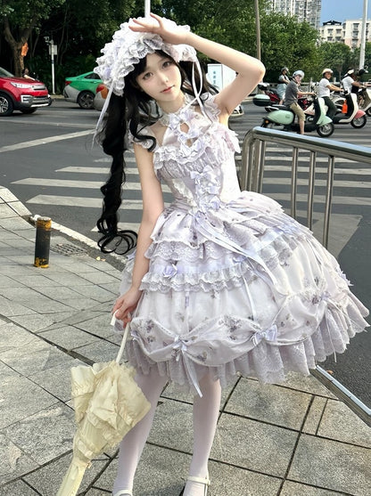 Hime Lolita Purple Dress Bows Halter with Lace Multiple Floral Neck Print Ruffles and