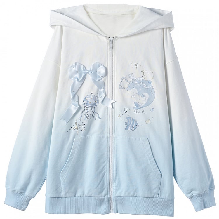 Gradient Blue & White Jellyfish and Dolphin Print Zip Closure Hoodie