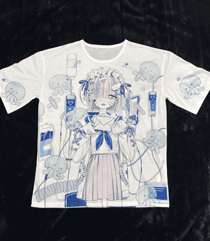 T-shirt Dark Otaku Aesthetic Black Kawaii Round Neck /White with Yami Anime Print 