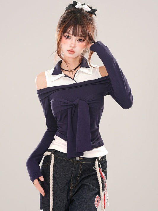 Navy Blue Tie Accent Cutout Shoulder Patchwork Top