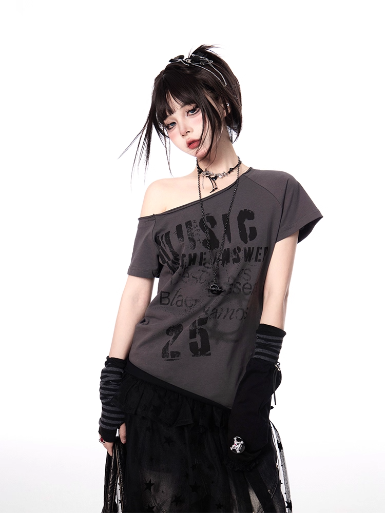 Y2K Letter Print White/Gray Asymmetrical Neckline T-shirt