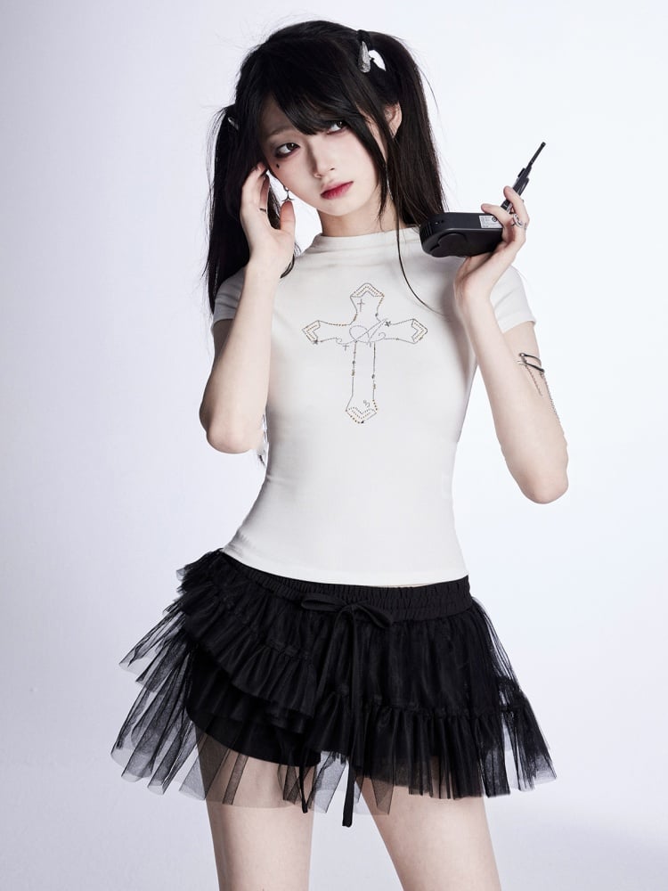 Mock Neck Cross Rhinestones T-Shirt Pink/White/Black