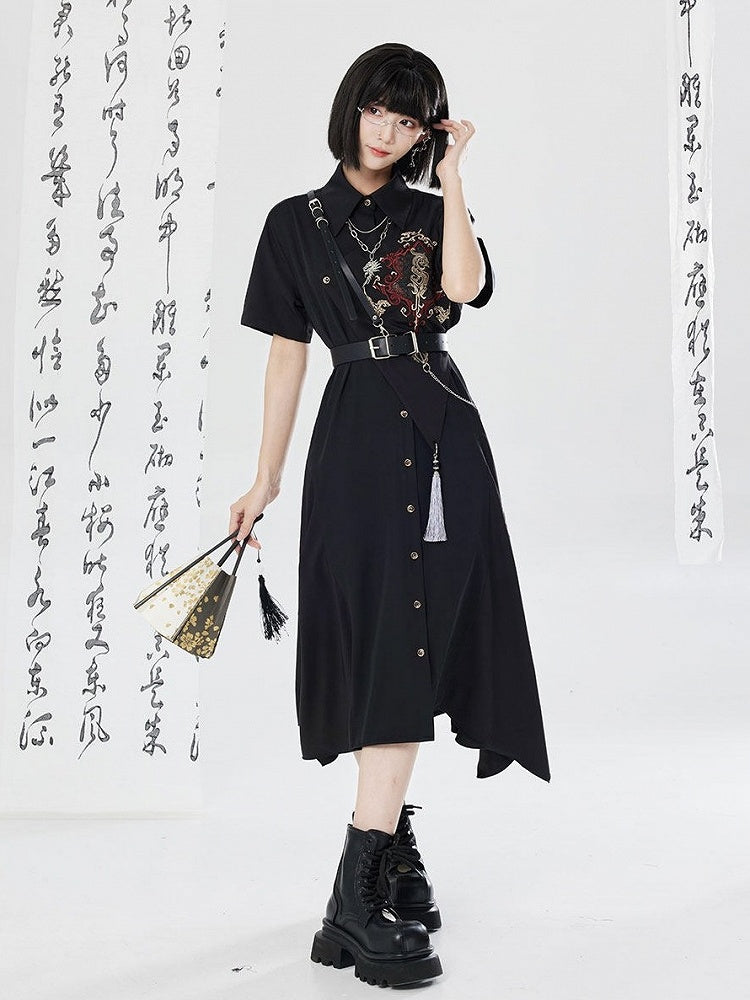 Asymmetrical Dragon Embroidery Long Dress - Qing Tang Original