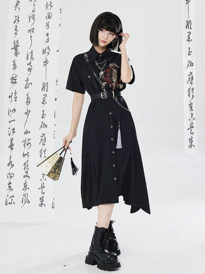 Asymmetrical Dragon Embroidery Long Dress - Qing Tang Original