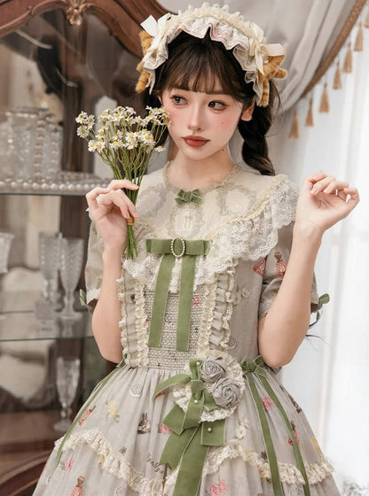 Green Cat Print Round Neck Sweet Lolita Dress with Lace Trim - NyaNya
