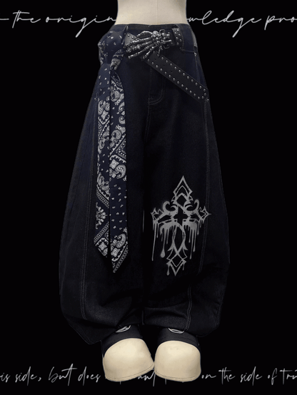 ダークブルーのクロスプリント ルーズワイドレッグジーンズ