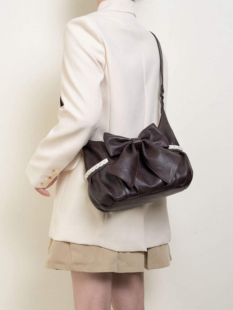 Bow With Oversized Shoulder Detailed Brown Elegant Tote Bag Classic Lace