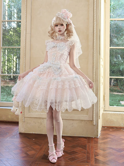 Pink Multi-Layer Lace Trim Lolita JSK with Bow and Bead Chain Decorations - White Sugar Girl
