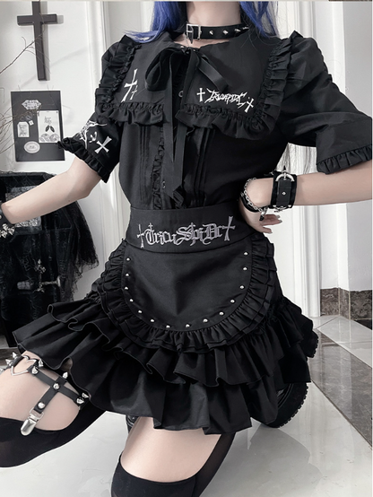 Tie Black Ruffle Lacing Bow Back Metal with Gothic Front Sleeve Short Trimmed Eyelet Top
