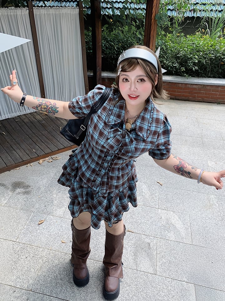 Plus Size Tiered Blue and Brown Plaid Blouse Preppy Style Sleeves Short Skirt /