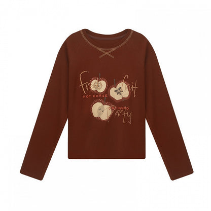 Kawaii Shirt Sleeve Print Long Brown Decorated - Red Apple