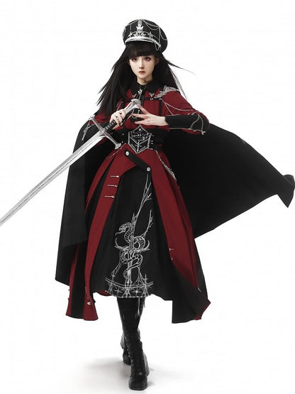 Long One Lolita Embroidery Red Snake Sleeves Decoration Piece Black And Cross Military