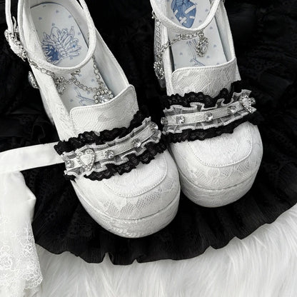Platform Heels: 12cm White Heart Lace with Kei Jirai Rhinestone