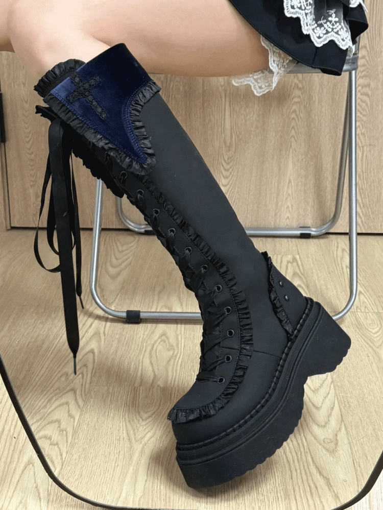 Blue Gothic Boots Trim Inner Lace-up Closure Zip with Front Ruffle Regular/Thicken Black Platform Version Ties