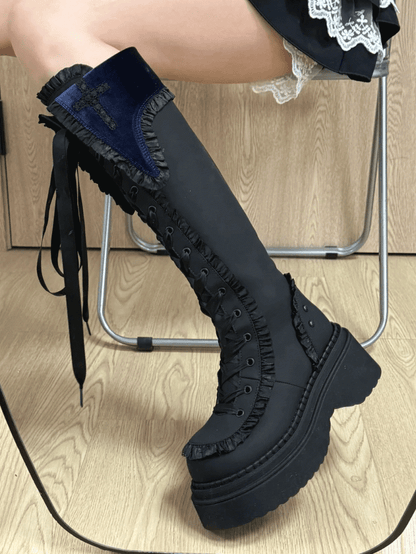 Blue Gothic Boots Trim Inner Lace-up Closure Zip with Front Ruffle Regular/Thicken Black Platform Version Ties