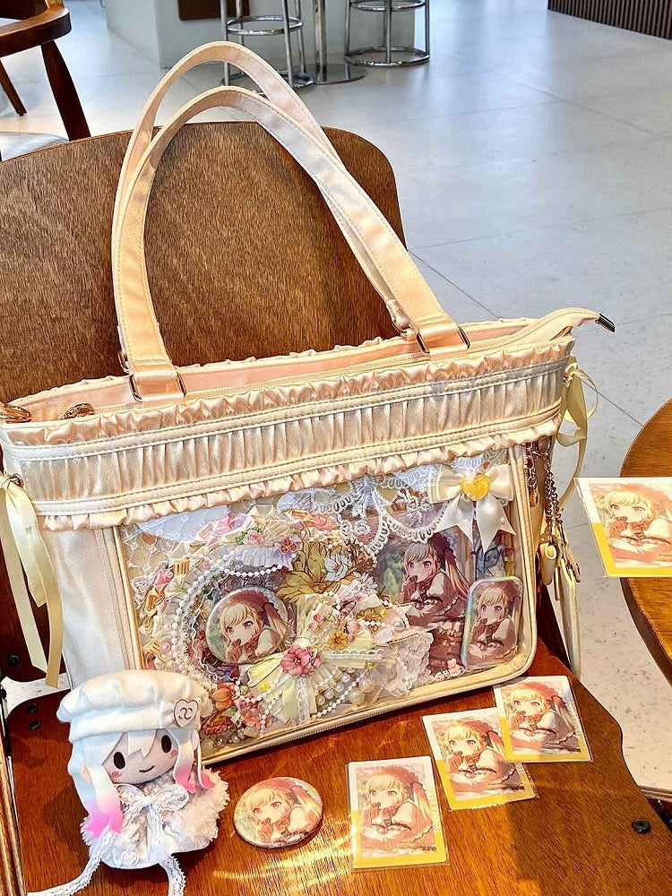 イエロートリムリボンボウラージイタバッグ大容量トートバッグフリル付き