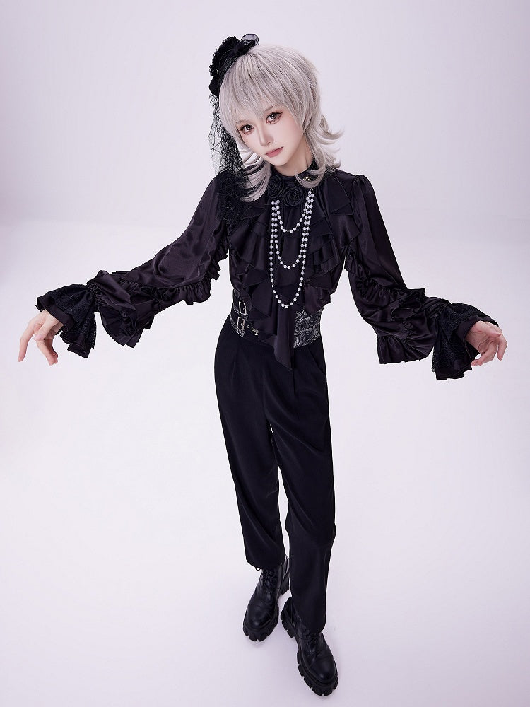 All-Black Ruffled Bodice Shirt with Flounce Trim and Long Sleeves - DevilInspired Exclusive Collection