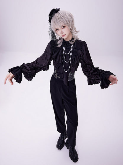 All-Black Ruffled Bodice Shirt with Flounce Trim and Long Sleeves - DevilInspired Exclusive Collection
