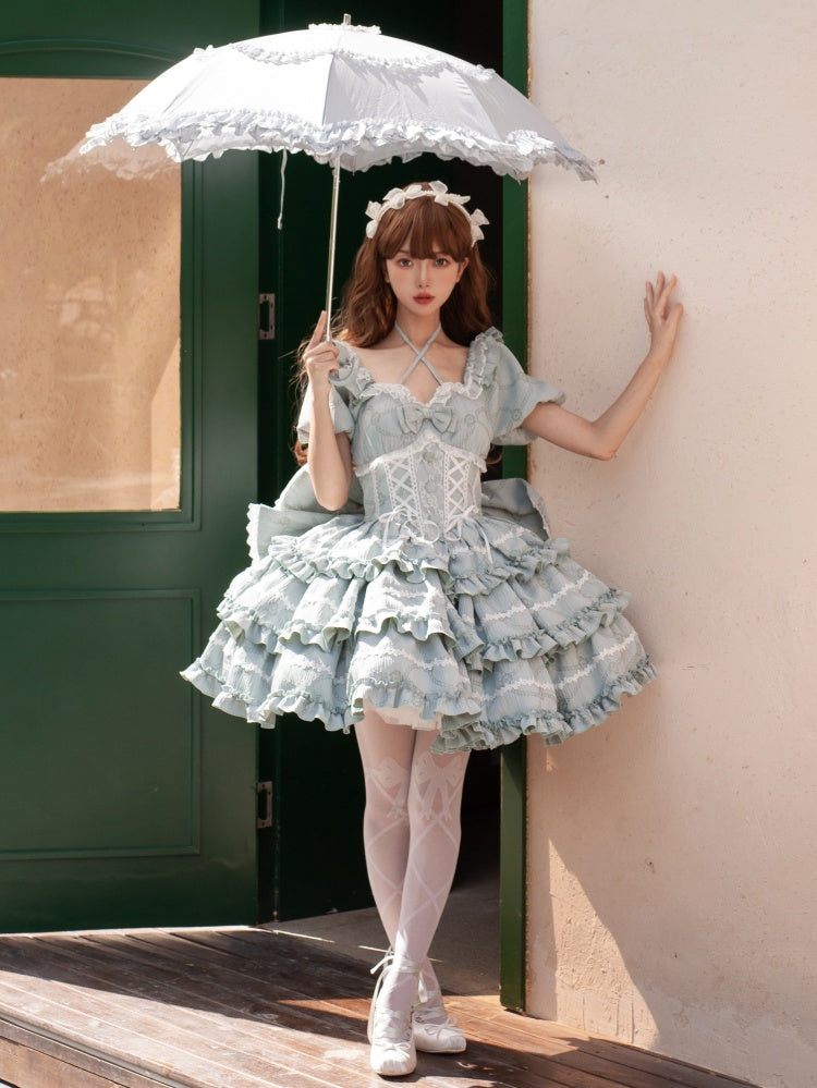 Princess Lolita Corset-Waist Dress with Ruffled Skirt in Green