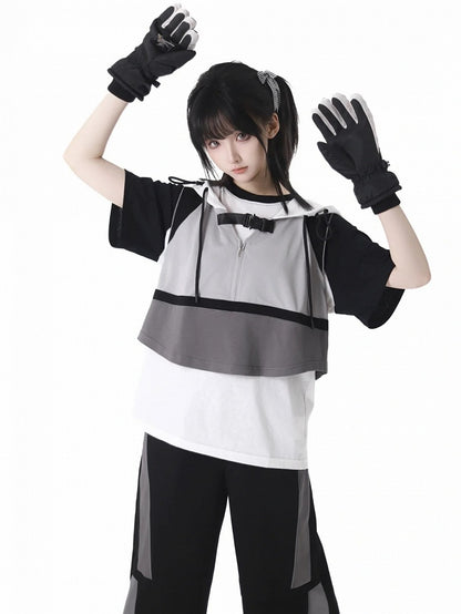 T-Shirt Star Print Black  White Colorblock Design