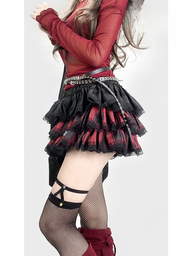 Y2K Redand ブラック チェック柄 レーストリム 太もも丈 裏地付き ティアードスカート