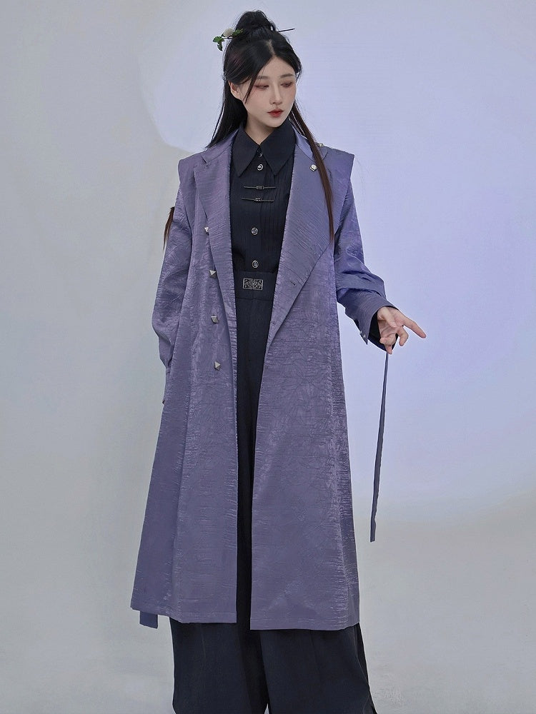 Purple Trench Coat with Dragon Embroidery, Mandarin Collar & Removable Tassel Detail - Feng Hua Gui Guo Ling