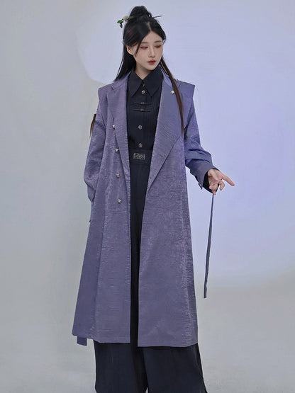 Purple Trench Coat with Dragon Embroidery, Mandarin Collar & Removable Tassel Detail - Feng Hua Gui Guo Ling