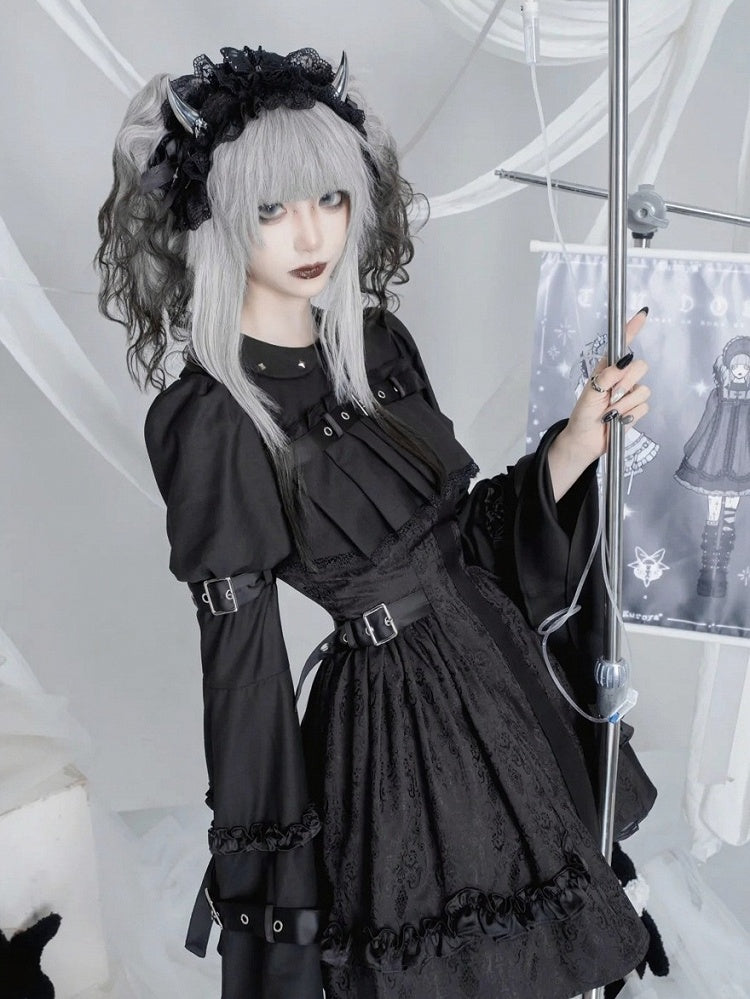 Black Gothic Lolita Bell Sleeve Dress with Lace and Metal Buckle Accents - Kuroya