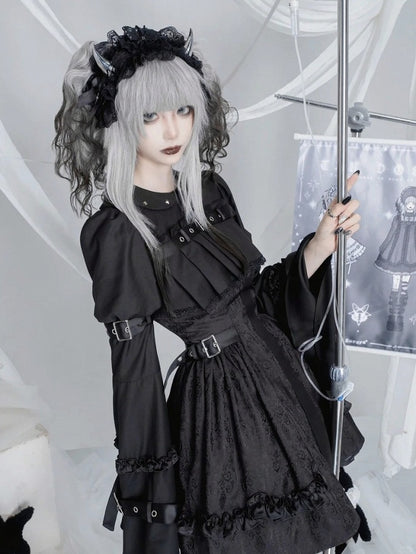Black Gothic Lolita Bell Sleeve Dress with Lace and Metal Buckle Accents - Kuroya