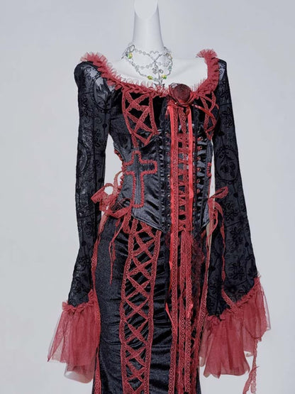Gothic Black&Red Lace Trim Floral Mermaid Dress+Lace-up Detail Cross Corset Belt