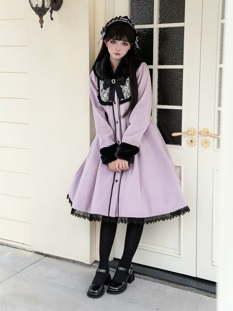 Jirai Black Purple Kei Style Vintage - Waist-Defining Coat with Collar Plush