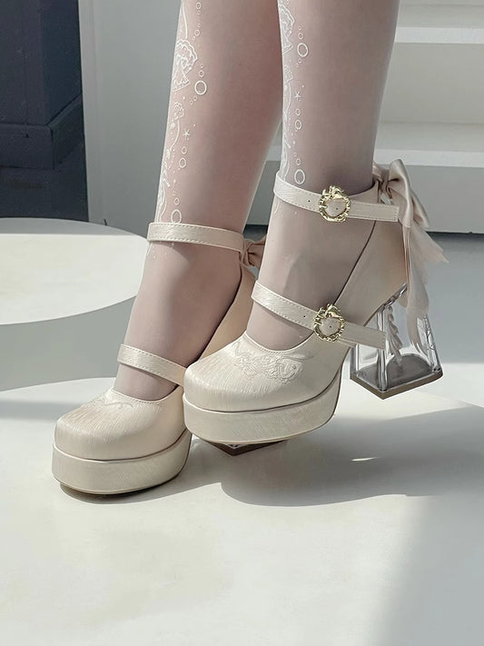 Koi Fish Charm Platform Mary Janes with Detachable Bowknot in Champagne - Floating Dream Realm