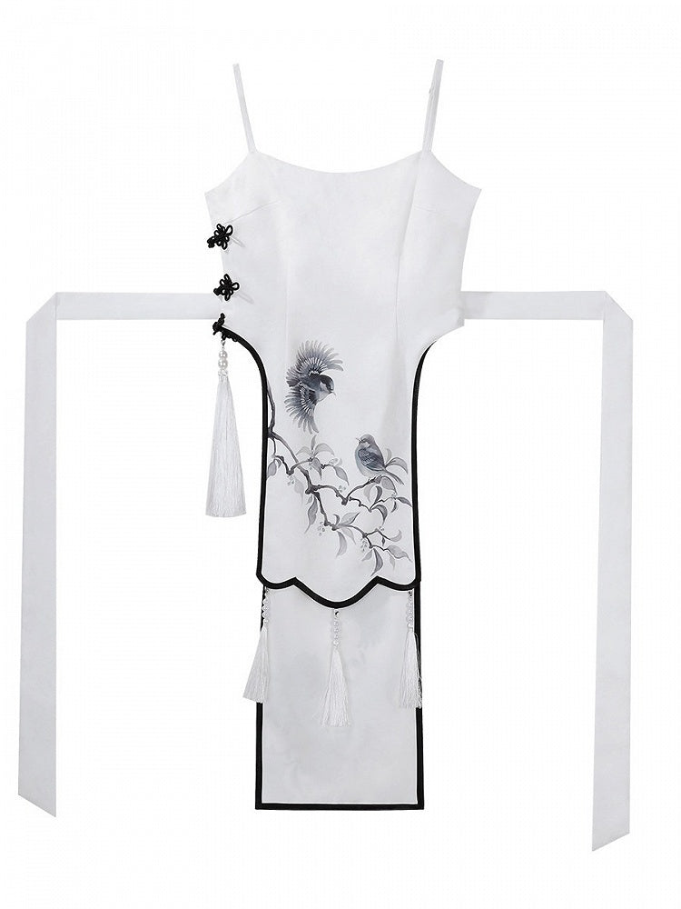 Contrast Sleeveless Dress with Tassel Accents and Self-Tie Waist - Han Ru Chu Hanfu & Han-Element Studi