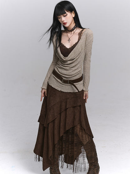 Suede Skirt Handkerchief Coffee Fringe Wasteland Punk A-Line Millard Hem with