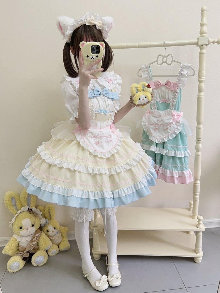 Yellow JSK Ruffle Bow Apron Maid Lolita + Dress Adorable Heart